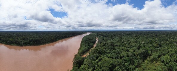 aerial picture of tambopata river in manu national park shot by drone