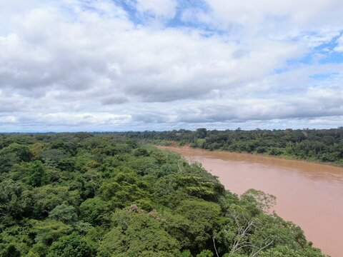 aerial picture of tambopata river in manu national park shot by drone