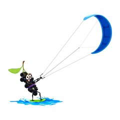 Cartoon bird cherry character on kitesurfing. Funny vector berry sportsman enjoying summer water kite surfing sport. Watersport recreation, holidays activity, personage relax on vacation