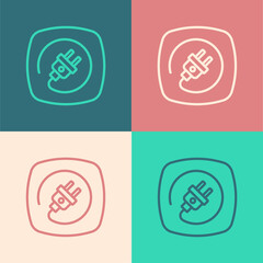 Pop art line Electric plug icon isolated on color background. Concept of connection and disconnection of the electricity. Vector