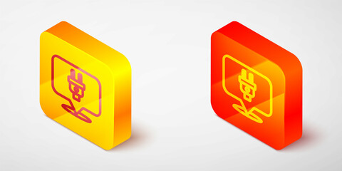 Isometric line Electric plug icon isolated on grey background. Concept of connection and disconnection of the electricity. Yellow and orange square button. Vector