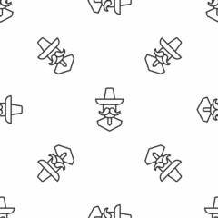 Grey line Mexican man wearing sombrero icon isolated seamless pattern on white background. Hispanic man with a mustache. Vector