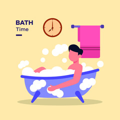 Before activity, Young man taking a bath at 8 am. Activity time  vector illustration.
