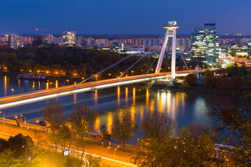 Fototapeta na wymiar UFO Bridge in night light of Bratislava outdoors.