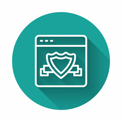 Fototapeta premium White line Browser with shield icon isolated with long shadow background. Security, safety, protection, privacy concept. Green circle button. Vector