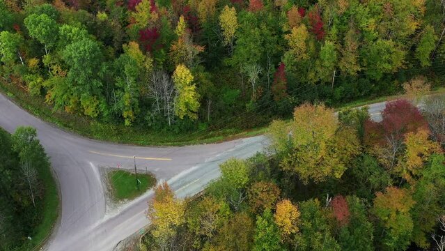 Aerial drone footage, flying over beautiful fall foliage in New England, as the color of the trees started to change.  