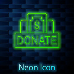 Fototapeta na wymiar Glowing neon line Donation and charity icon isolated on brick wall background. Donate money and charity concept. Vector