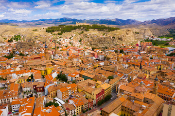 Fototapeta na wymiar View from drone of Calatayud cityscape with ancient Mudejar-style tower, Aragon, Spain