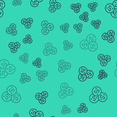 Black line Casino chip with dollar symbol icon isolated seamless pattern on green background. Casino gambling. Vector