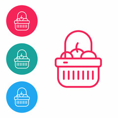 Red line Shopping basket and food icon isolated on white background. Food store, supermarket. Set icons in circle buttons. Vector