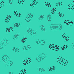 Black line Meteorology thermometer measuring icon isolated seamless pattern on green background. Thermometer equipment showing hot or cold weather. Vector