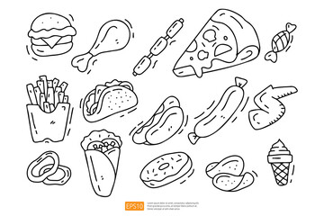 Fast food doodle icon illustration set