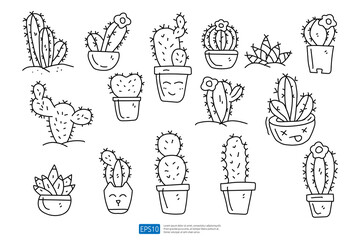 Cactus in the pot doodle icon illustration set. Cute hand drawn vector
