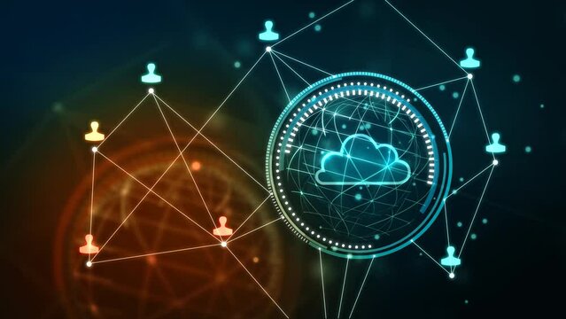 Cloud computing, Global Network - Futuristic blue cloud with pixel digital transformation abstract new technology background. Artificial intelligence and big data concept. Business industry 4.0 and 5g
