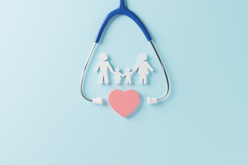Top view of medical stethoscope and icon family with heart symbol on cyan background. Health care...