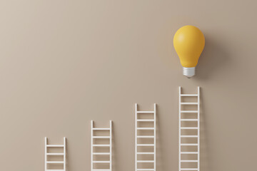 Light bulb yellow standing with ladder on background. Concept of creative idea and innovation. 3d render illustration
