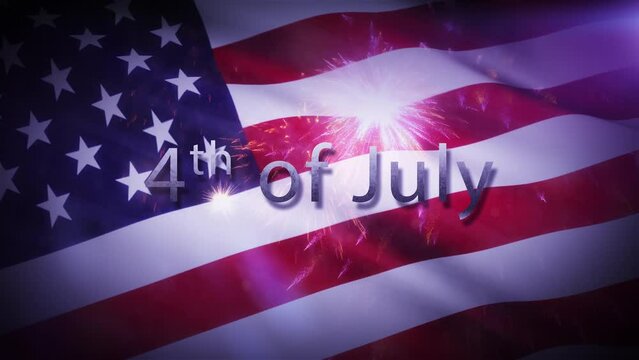 4th July USA Independence Day cinematic title. The USA National flag and firework texture, American flag. 4K 3D ID4 US flag video waving in wind 