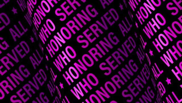 Honoring All Who Served animation 3D magenta pink text tube seamless loop animation on black background. 4k looping background for Movie Trailer, Music Teaser, Intro Video, Outro, Show Promotion prese