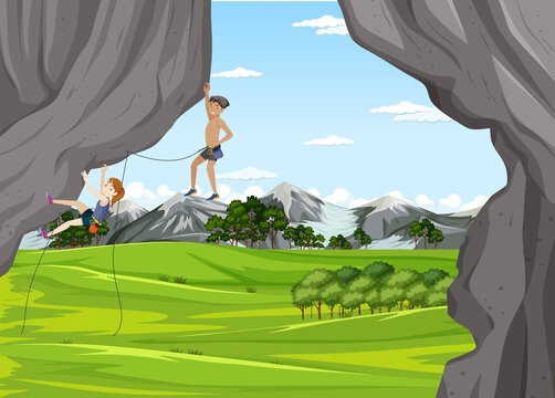 Outdoor scene with rock climber on cliff
