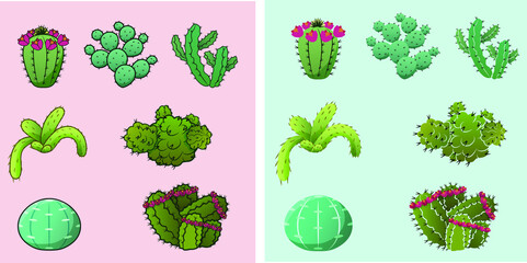 Agrupación de cactus de diferentes especies y formas lustración vectorial