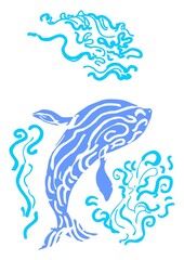 Whale swimming in swirling waves.