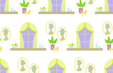 Seamless vector pattern with windows, portraits, indoor plants in pots and cat. Cute decorative interior illustration. Pattern for print.
