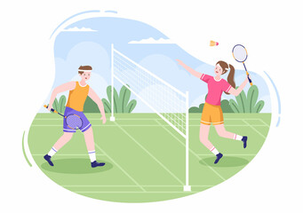 Badminton Player with Shuttle on Court in Flat Style Cartoon Illustration. Happy Playing Sport Game and Leisure Design
