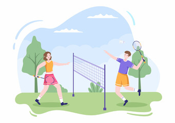 Badminton Player with Shuttle on Court in Flat Style Cartoon Illustration. Happy Playing Sport Game and Leisure Design
