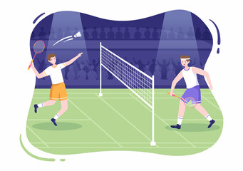 Badminton Player with Shuttle on Court in Flat Style Cartoon Illustration. Happy Playing Sport Game and Leisure Design