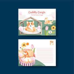 Postcard template with corgi dog concept,watercolor style