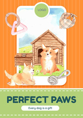 Poster template with corgi dog concept,watercolor style