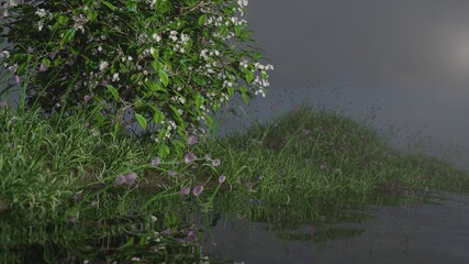 Shot flowers in bloom and river nature landscape scene 3D rendering wallpaper backgrounds