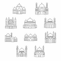 Mosque icons set with hand drawn sketch style on white background vector illustration
