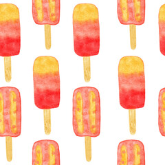 Watercolor hand drawn seamless pattern with beach vibe holiday summer vacation. Sea ocean nautical elements swimwear swimsuit flamingo palm tropical hawaii design. Ice cream bag hat.