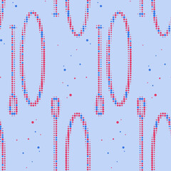 Seamless pattern with SUP board and standing paddle made up of dots. Endless vector sports label. SUP in flat design style in pink and blue colors.