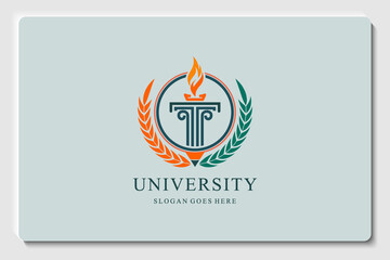 emblem education logo. pillar with fire isolated circle and branch leaf