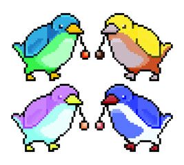 Set of Pixel cute bright bird witn berry