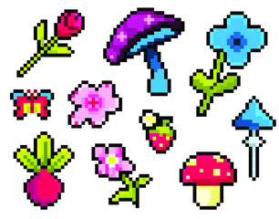 Fototapeta premium Set of pixel nature icons, mushroom, flower, butterfly