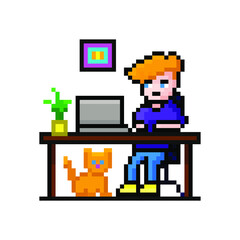 Pixel boy playing on laptop, cute orange cat