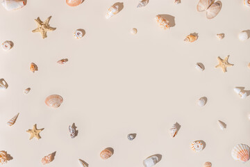 Frame with seashells and starfish with shadow on beige pastel background at sunlight. Summer vacation concept. Nautical pattern. Modern flat lay shells, sea stars, stones minimal style design