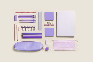 School stationery very peri trend color, pencils, pens, paper clips, pencil case, medical mask....