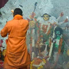 Goddess Durga with traditional look in close up view at a South Kolkata Durga Puja, Durga Puja...