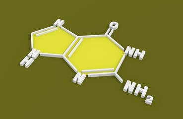 Chemical structural formula of guanine - DNA and RNA nitrogen base. 3D render