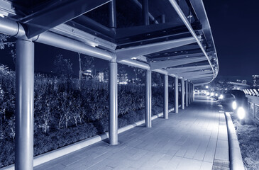 Empty modern pedestrian walkway in park at night