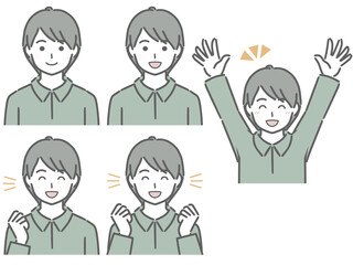 喜ぶ表情の強弱　私服の若い男性