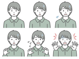 驚く表情の強弱　私服の若い男性