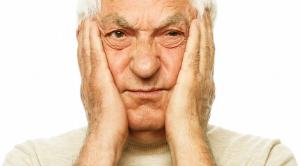 lifestyle, health and old people concept: Portrait of an old man having a toothache against white background