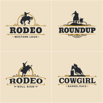 Four rodeo logos with western design elements and a silhouette cowboy bull rider, saddle bronc rider, calf roper and a cowgirl barrel racer.