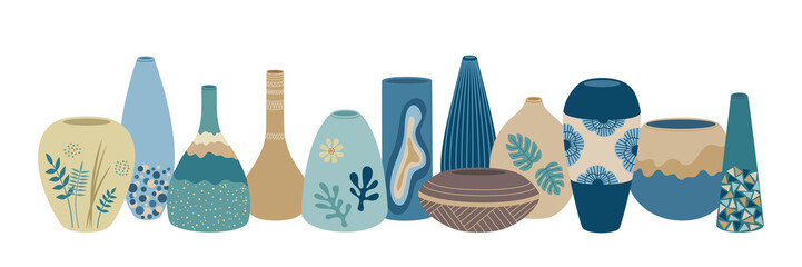 Set of various ceramic vases, abstract shapes. Clay pottery in contemporary scandinavian style for home decor. Hand drawn color vector illustration isolated on white background, flat cartoon style. - obrazy, fototapety, plakaty