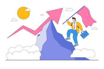Reaching success, improving or developing a career, business tools to reach goal or target, growth and achievement concepts. Successful businessman climbing up the mountain peak and holding red flag